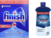 Powerball All in 1 Ultra Dishwasher Detergent, 2.4 kg 140 Count + Finish Jet Dry Dishwasher Rinse Aid (621 ml)