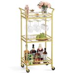 VASAGLE 3-Tier Drinks Trolley, Gold Bar Cart on Wheels, with Handles, Mirrored Glass Shelves, Serving Trolley for Small Spaces, Kitchen, Dining Room, Bathroom, Living Room, Home Bar, Gold LRC091A62