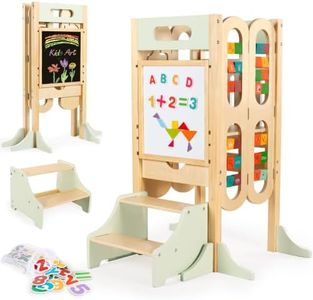 aiwo 10-in-1 Foldable Toddler Tower with 2-Step Stool Kitchen Standing Stool, 2 Adjustable Heights, Magnetic Whiteboard & Chalkboard & Montessori Learning Activities, Kids Independent Assistant