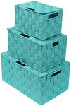 Sorbus Storage Basket with Lid, Mesh Hand-Woven Basket, Decorative Storage Boxes with Lids, Wicker Basket Organizers for Storage (Variety Pack of 3 - Aqua)