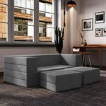 Dr. Smith Folding Sofa (5x6 Feet, 2 - Seater) Sofa Cum Bed Jute Fabric Washable Cover with 2 Pouffe/Foot Stools - Grey Color