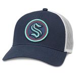 AMERICAN NEEDLE Seattle Kraken NHL Baseball Hat, Structured Fit with Mesh Sides and Curved Brim, Adjustable Snapback Trucker Dad Cap, Valin Collection, White/Navy (42962A-SEK-WHNV)