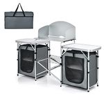 TANGZON Folding Camping Kitchen Table, Outdoor Portable Kitchen Storage Table with Windshield & Carry Bag, Mesh-Door Storage Cupboard for Picnic BBQ Party, 172 x 48 x 110cm (Grey + Silver)