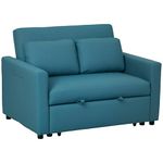HOMCOM 2 Seater Sofa Bed, 120 cm Convertible Bed Settee, Modern Fabric Loveseat Sofa Couch with 2 Pillows, Side Pockets for Living Room, Guest Room, Blue