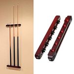 JuxYes Set of 2 Pool Cue Rack, Wall-Mounted Billiard Stick Rack with 6 PCS Cue Sticks Clips, Solid Natural Wood Rack Billiard Pool Cue Rack for Billiard Clubs, bars, Snooker Games(Wine Red)