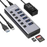 Powered USB HUB with TF/SD Card Reader, 8-Port USB C Spilter with 6 USB 3.0 Data Ports, USB HUB 3.0 with Individual On/Off Switches，Aluminum USB HUB with AC Adapter for PC, Desktop, MacBook