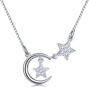 Infinite U, collana, in argento sterling 925, con ciondolo a forma di luna crescente con due stelle, con zirconi cubici, alla moda, per donna e ragazza, colore argento