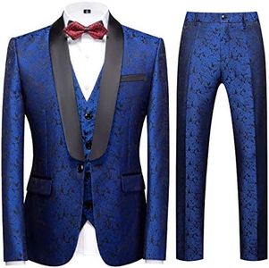 Traje para hombre, 3 piezas, ajustado, para boda, negocios, cena, para hombre, chaqueta, chal, solapa, chaqueta, chaleco, pantalones, azul, L