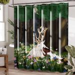 AmazerBath Cute Shower Curtain Aesthetic for Kids/Girls, 72x72 Green Cloth Deer Butterfly Fairy Floral Shower Curtains for Bathroom/Stall, Fabric Forest Flower Decorative Shower Curtain Set & 12 Hooks