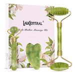 【3 PCS】Jade Roller & Gua Sha Massage Kits, LauCentral Natural Anti-Aging Face Roller for Eye Puffiness Treatment, Skin Tightening, Rejuvenate Face & Neck, Natural Green Massager