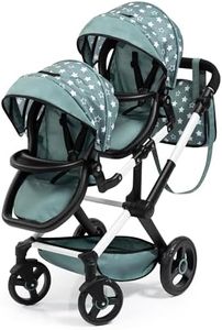 Bayer Design Dolls: Pram Xeo Twin - Green & White Stars - Seats 2 Dolls Up to 18", Shoulder Bag, Adjustable Handle, Foldable, Kids Toy, Ages 3+