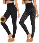 2 Pack Fleece Lined Leggings Women-High Waisted Winter Tummy Control Thermal Warm Yoga Pants for Hiking Workout, D-2 Pack-black,camo, Large-X-Large