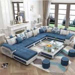 Torque - Silvester 12 Seater U Shape Premium Sectional Fabric Sofa Set with 4 Puffy (Left Side, Blue & Light Grey) | Couch for Living Room | 3 Years Warranty