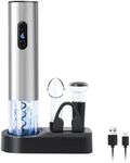 ELMWAY Electric Wine Opener Set, Rechargeable Wine Bottle Opener with Storage Base/LED Indicator, Wine Corkscrew Remover, Automatic Wine Opener Gift for Home Bars(Stainless Steel)