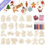 Fayavoo 48Pcs Wooden Christmas Ornaments, 24 Styles Wooden Baubles for Crafting with Bells, Colored Markers and Rope, Unfinished Wood Slices for DIY Christmas Crafts Wooden Christmas Tree Decorations