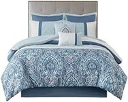 510 DESIGN Luxe Quilted Comforter Set Modern Transitional Design, All Season Down Alternative Warm Bedding Matching Shams, Bedskirt, Decorative Pillow, Queen, Shawnee Scrollwork Blue