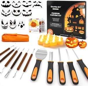 Shuttle Art 35 PCS Halloween Pumpkin Carving Kit, 11 PCS Professional Stainless Steel Pumpkin Carving Tools with 10 Stencils and 12 Electronic Candles, Safe, Fun and Durable for Kids Adults Carving