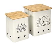 Xbopetda Potato Onion Storage Bin, Kitchen Storage Canister Set of 2, Kitchen Pantry Organizer Tin - Vegetable Fresh Keeper with Aerating Tin Storage Holes & Wooden Lid (White)