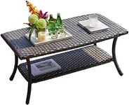 HUMMUH Wicker Patio Coffee Table,Rattan Outdoor Coffee Table with 2-Layer Storage Furniture Tables for Garden,Porch,Backyard