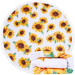 LIVILAN Sunflower Round Microfiber Mandala Beach Towel Blanket,Large Soft Absorbent Fast Dry Sand Free Picnic Yoga Mat Wall Hanging Table Cloth Wall Decor Tapestry with Tassels，White & Yellow