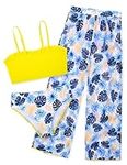 ACOCOPY Bikini Swimwear for Girls 3 Pieces Long Pant Bathing Suits Yellow Hawaiian Beach Tankini Swimsuits Size 8-9 for Swimming