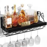 Love-KANKEI Wall Mounted Wine Rack, 17inch Wine Glass Rack Floating Shelf with Stemware Hanger, Wood Wall Shelf Wine Display Storage for Kitchen, Dinning Room, Home Bar, Living Room etc, Pitch Black