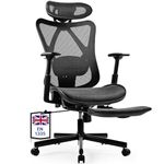 BASETBL Ergonomic Office Chair with Footrest Back Support Mesh Computer Swivel Chair Adjustable Lumbar Breathable Silent Heavy Duty Chair High Back 3-Position Lock TUV & EN1335 Standard, 150kg Black