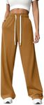 PINSPARK Sweat Pants for Women Comfy Wide Leg Sweatpants High Waisted Loose Sweat Pant Drawstring Lightweight Baggy Pants with Big Pocket Light Brown XXL