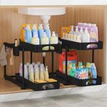 COYACOOL 2 Pack Double Sliding Under Sink Organizers and Storage, 2 Tier Bathroom Cabinet Organizer with 2 Hanging Cup & 8 Hooks, Multi-Purpose Under Sink Storage Rack for Bathroom, Black