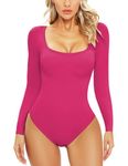 HEEKPEK Bodysuit for Women Scoop Neck Body Suits Long Sleeve Jumpsuit Slim Fit Corset Tops Tummy Control Shapewear Shirt (Rose Pink, Medium)