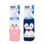 Hopop Baby Feeding Bottle Cover|Soft & Stretchable Wide Neck Bottle Cover For Baby|Baby Bottle Cover|Cute Animated Overall Print Baby Bottle Feeding Cover|Pack Of 2|Pink & Navy, 240 Ml