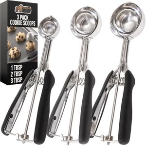 GORILLA GRIP BPA-Free 304 Stainless Steel Cookie Scoop, 3 Pack Includes 1, 2, and 3 TBSP, Soft Grip Handle, Easy Food Release, Create Even Portions, Kitchen Melon Baller, Meatball Spring Scoops, Black