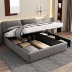 BTM King Size Bed Frame, King Size Bed with 3 Drawers and Headboard, 5ft(150 * 200cm) Upholstered King Size Bed with Storage, Grey Velvet, No Mattress