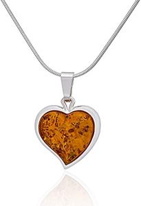 Women's 925 Silver Necklace Polished Silver Finish with Nano Coating Baltic Amber Heart Pendant Amber Heart Size M on Chain Ready Gift Set, Sterling Silver, Amber