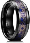 King Will Mens 8mm Black Tungsten Rings for Men Steampunk Gearwheel Blue Carbon Fiber Inlay Vintage Gentlemen Wedding Band Polished Bevelved Edges Comfort Fit Size 7