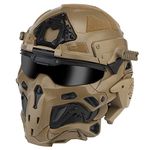 All-in-one Airsoft Full Face Mask Tactical Helmet, With Built-in Tactical Headset/Anti-Fog Fan/Visor Sliding Goggles for Military CS Paintball, Hunting, Outdoor Sports