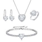 EleQueen Wedding Bride Jewelry Set for Women, Cubic Zirconia Clear Heart Pendant Necklace Open Ring Hook Dangle Earrings Tennis Bracelet Set, Birthday Anniversary Mothers Day Christmas Jewelry Gift for Mom/Wife/Girls/Friend