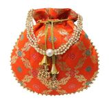 MILAN'S CREATION Silk Brocade Potli Bag Purse Drawstring Women's handbag with Pearl Handle & Tassel Weddings (Orange)