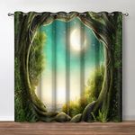 Jekeno Fantasy Forest Blackout Curtains Magic Forest Trees Trunk Bright Moon Stars Theme Print Decor Home Bedroom Living Room Darkening Grommet Window Drapes 2 Panels Set, 52"x84"