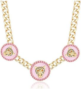 OSCCI Women's Gold Crystal Leopard Head Necklace Statement Hip Hop Chunky Choker Chain Cocktail Costume Party Jewelry (3 Heads-Pink)