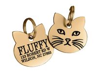 PETSAVIOUR Personalized Cat Tag, Custom Pet Tags For Cats, Laser Engraved Cat Name Tag Solid Brass-Stainless Steel Cat Tags (Brass),3 cm,W_2.2 cm