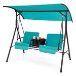 Tangkula 2 Person Porch Swing, Outdoor Swing with Pivot Storage Table, Cooler Bag, 2 Cup Holder, Removable Cushions, Patio Swing with Canopy for Backyard Balcony Poolside (Turquoise)