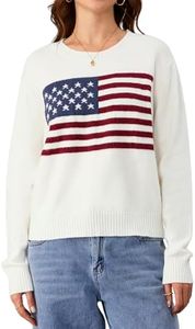 SHENHE Women's American Flag Sweater Y2K Star Embroidered Sweater Long Sleeve Crew Neck Knitted Pullover Top Fall Fashion White XL