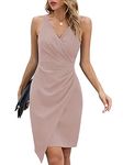 oten Women's Sleeveless Deep V Neck Ruched Faux Wrap Wedding Guest Dresses Sheath Knee-Length Formal Cocktail Dress with Asymmetrical Hem Nude Pink M