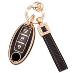 Koaudb Key Fob Cover Fit for Nissan 350Z Qashqai Murano X-Trail Kicks Tiida Micra Pathfinder Note Juke 3 Buttons Key Case Soft TPU Key Shells with Leather Keychain Lanyard Black Gold (BP-Nisn-3)