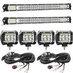 SAN YOUNG LED Light Bar Kits, (2) 20 Inch Slim LED Light Bars, (4) 4 Inch LED Pods, (2) Wiring Harness, 12V 24V Truck ATV Tractor LED Work Lights, LED Light Pods Waterproof Off Road Driving Lighting