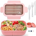 Sinnsally Lunch Box,1250ml Stackable Bento Box for Kids Adults,Packed Food Container with 3 Compartments and Cutlery Set,Layered Lunchbox,Leakproof, Rectangle,Microwave and Dishwasher Safe(Pink)