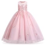 Flower Girls Dress Floral Embroidered Sleeveless Wedding Bridesmaid Birthday Party Dresses Kids Princess Pageant Gown First Communion Evening Long Dress Prom Ball for Girls Pink 7-8 Years