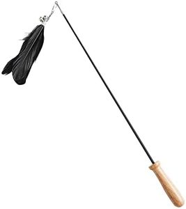 Auriko Cat Teaser Toy with Wooden Handle - Retractable Cat Teaser Wand with Natural Feather - Cat Interactive Toy for Indoor Cats - Black