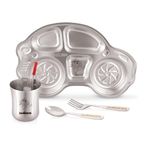 LiLLMONKiDZ Stainless Steel Plates Tableware for Kids | Creative Shape Plates Set | Compartment Plate Set with Glass, Spoon and Fork | (Car) - Kid's Dinner Set